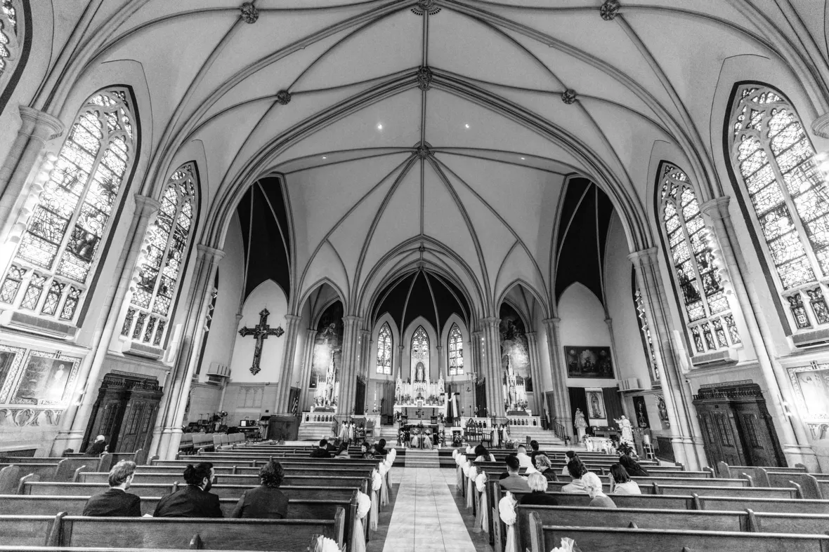 Black and white photo of church inside