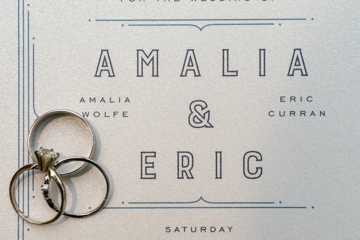 Wedding rings on wedding invitation