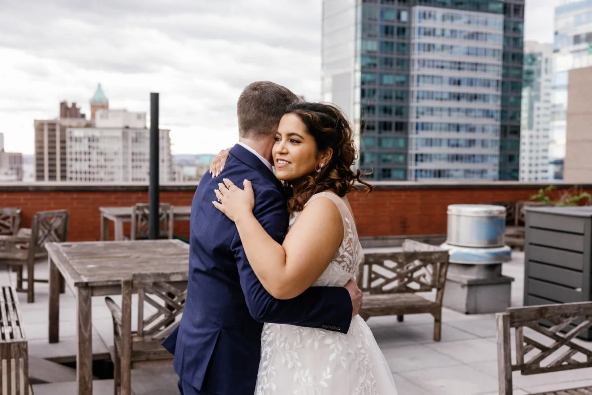 Rooftop wedding ceremony first look