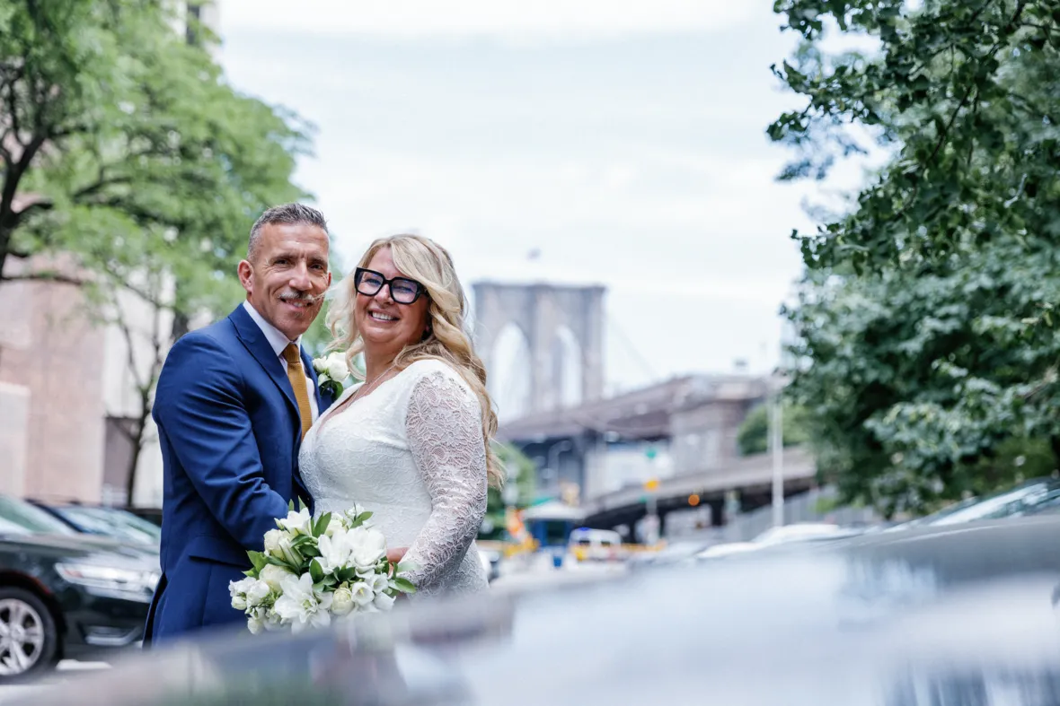 Couple portrait with Brooklyn Bridge in background