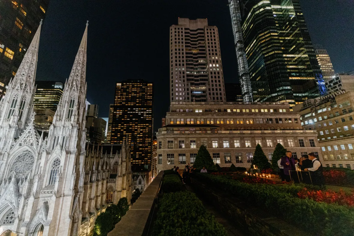 NYC night skyline with St. Patricks Cathedral